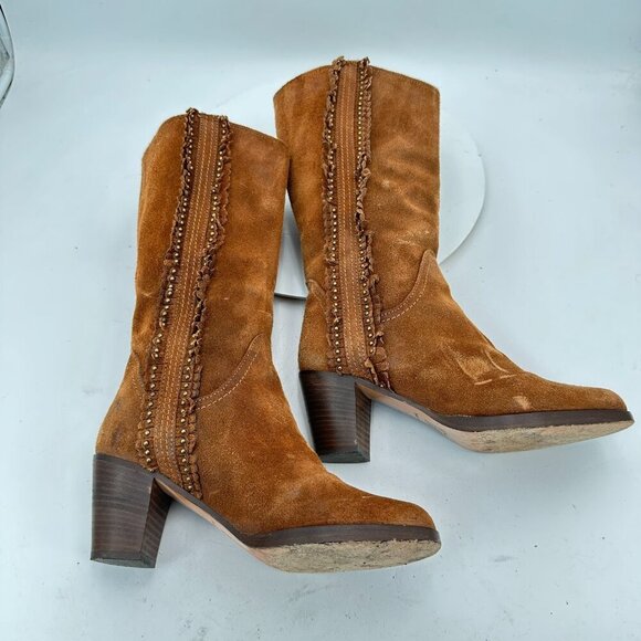 Frye Women Size 6M Rust Brown Bella Flower Suede Pull On Heel Pump Boot - Picture 6 of 13